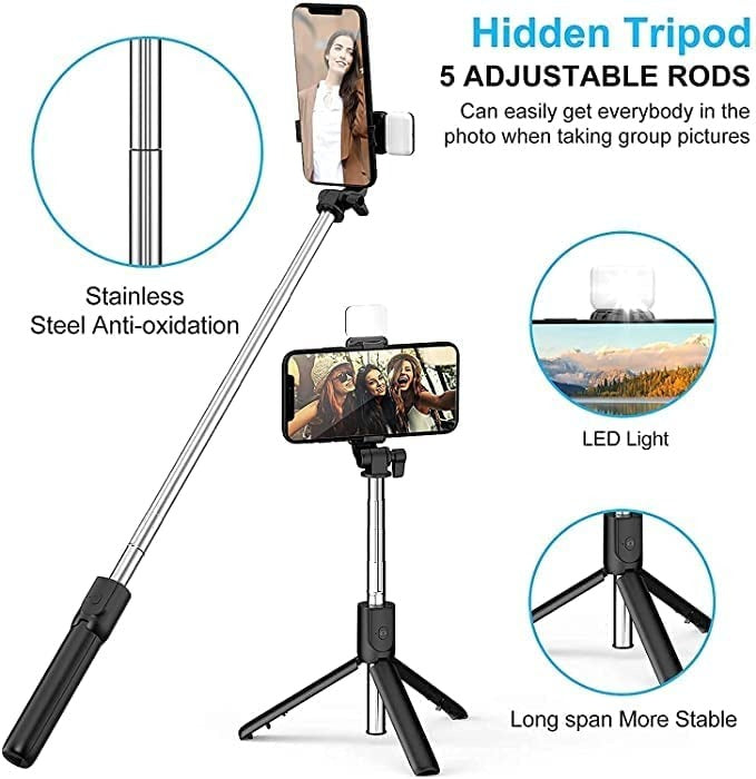R1s Bluetooth Selfie Stick Tripod | With Remote & LED Light | Portable Phone Holder
