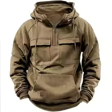 New autumn-winter men's hooded solid-color casual hoodie - fashionable young man's multi-pocket patch hoodie pullover shirt