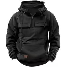 New autumn-winter men's hooded solid-color casual hoodie - fashionable young man's multi-pocket patch hoodie pullover shirt